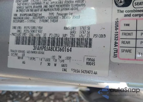 2012 Ford Fusion Sel z USA, uszkodzony, nr VIN 3FAHP0JA8CR360146